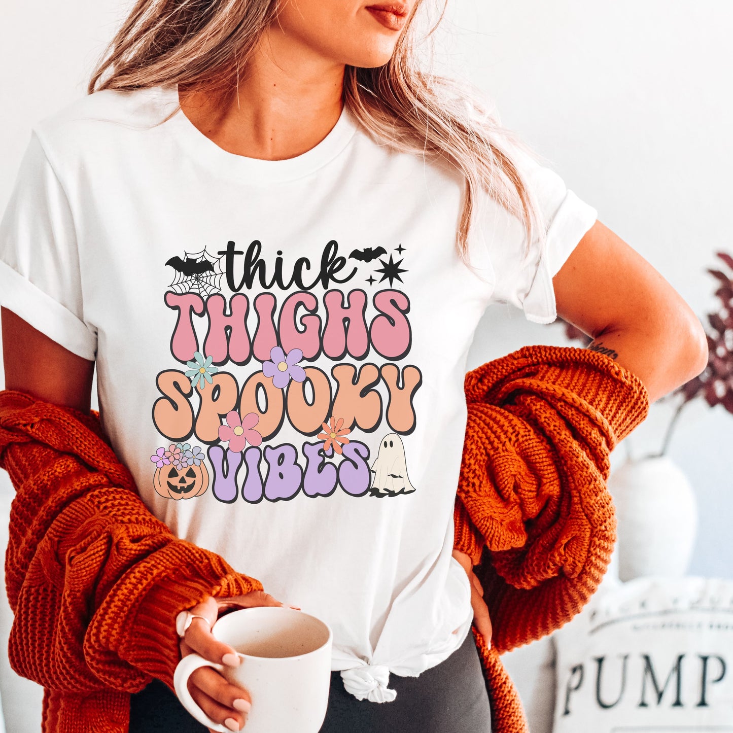 Thick Thighs and Spooky Vibes Retro Pastel Halloween Shirt