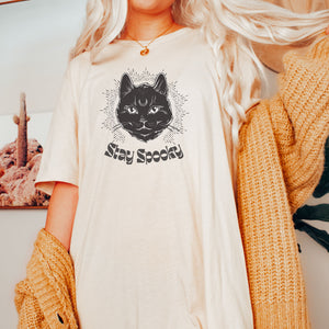 "Stay Spooky" Black Cat Halloween Shirt  with Funky Retro Wavy Font