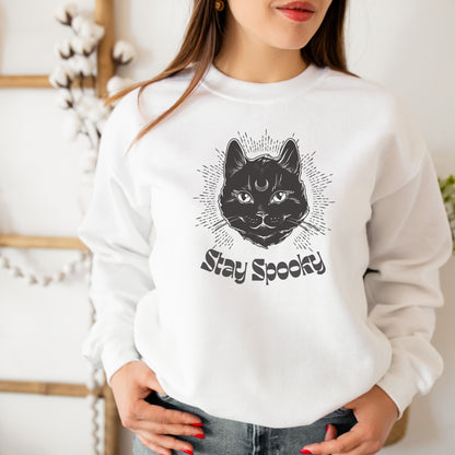 "Stay Spooky" Black Cat Halloween Crewneck Sweatshirt - Fractalista Designs