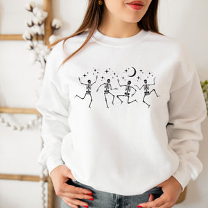 Silly Skeletons Dancing under Crescent Moon and Stars Halloween Crewneck Sweatshirt, oversized spooky season sweatshirt