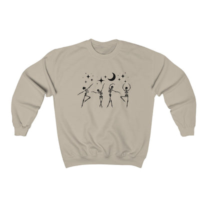 Skeletons Dancing under Crescent Moon and Stars Halloween Crewneck Sweatshirt