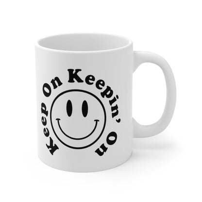Keep On Keepin' On Retro Classic Smiley Face Mug - Positive Quotes Coffee Mug, Retro Colorful Bubble Letters Tea Cup, Happy Quotes Coff