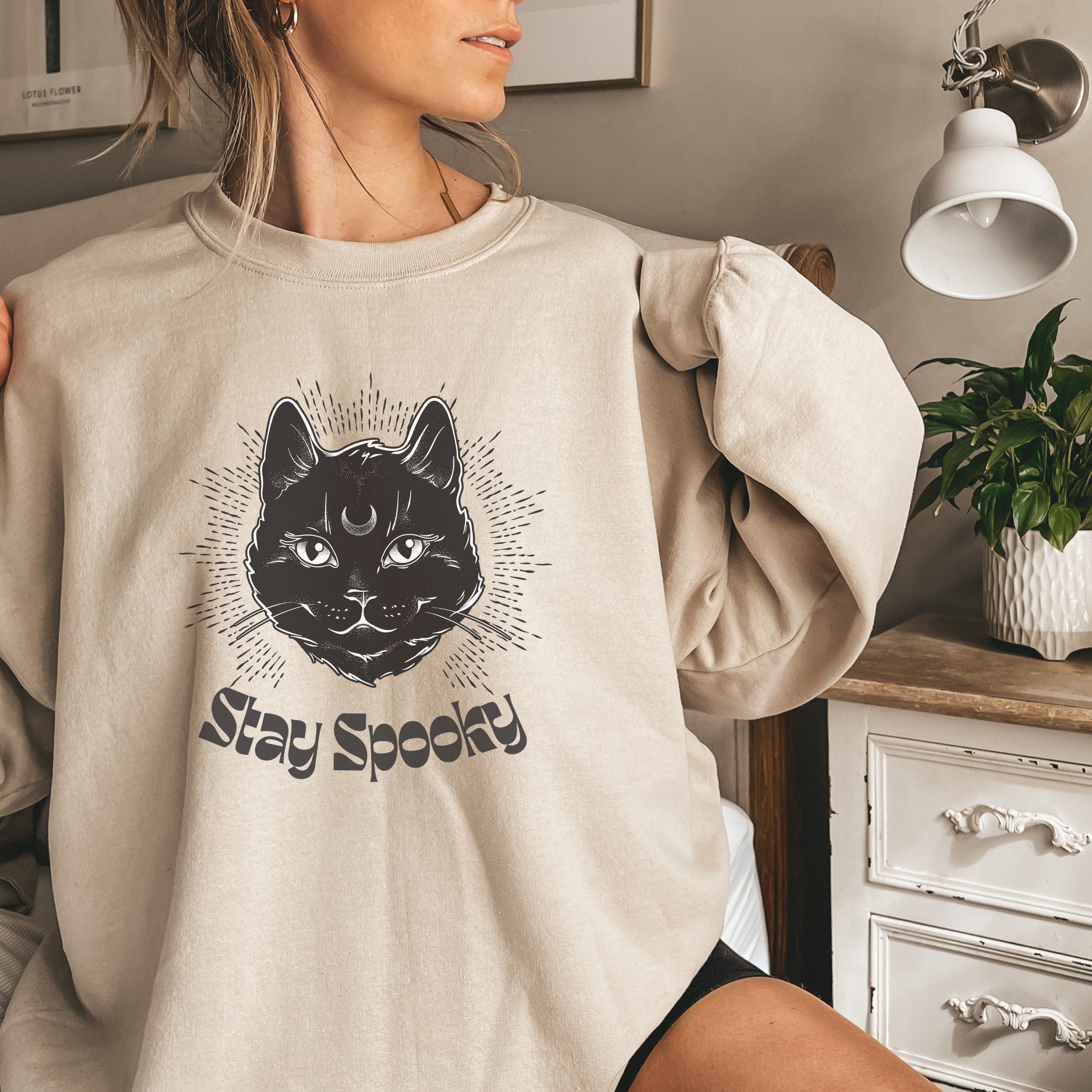 Stay Spooky Black Cat Halloween Crewneck Sweatshirt Fractalista Designs