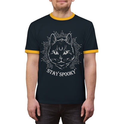 "Stay Spooky" Midnight Familiar Black Cat Unisex Ringer Tee - Fractalista Designs