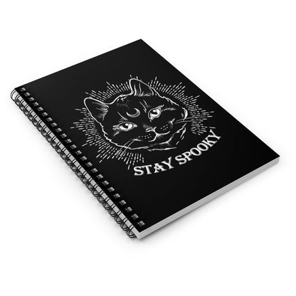 "Stay Spooky" Midnight Familiar Black Cat Spiral Notebook - Ruled Line - Fractalista Designs