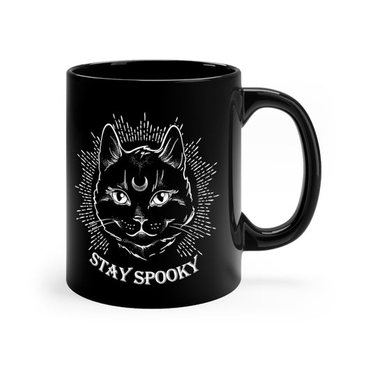 "Stay Spooky" Midnight Familiar Black Cat Black mug 11oz - Fractalista Designs