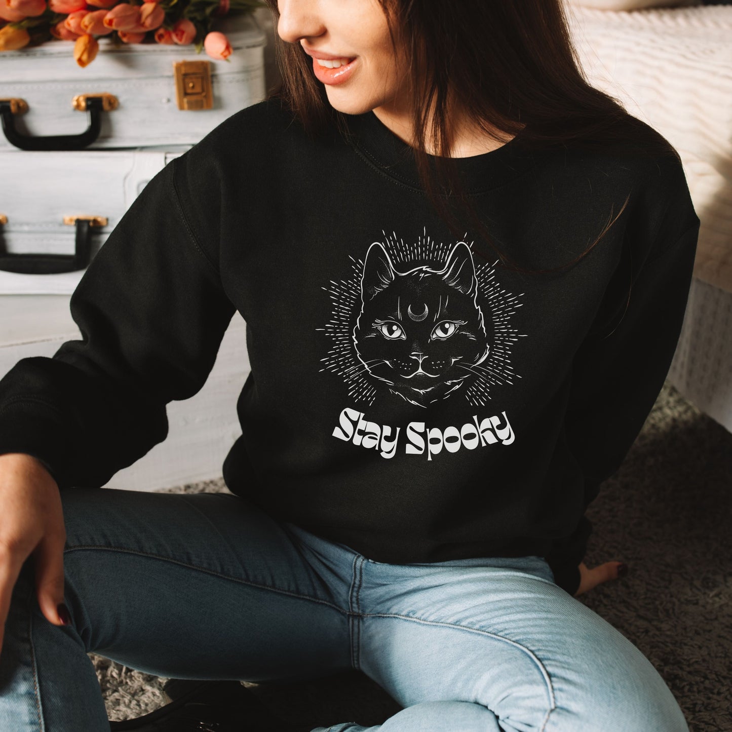 "Stay Spooky" Black Cat Halloween Crewneck Sweatshirt - Fractalista Designs