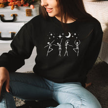 Skeletons Dancing under Crescent Moon and Stars Halloween Crewneck Sweatshirt, oversized Halloween sweatshirt, spooky season sweatshirt