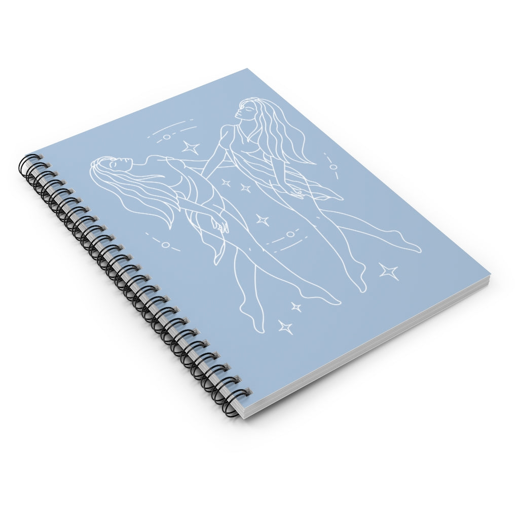 Gemini "Dynamic" Twin Goddesses Zodiac Astrology Spiral Notebook in Cerulean - Fractalista Designs