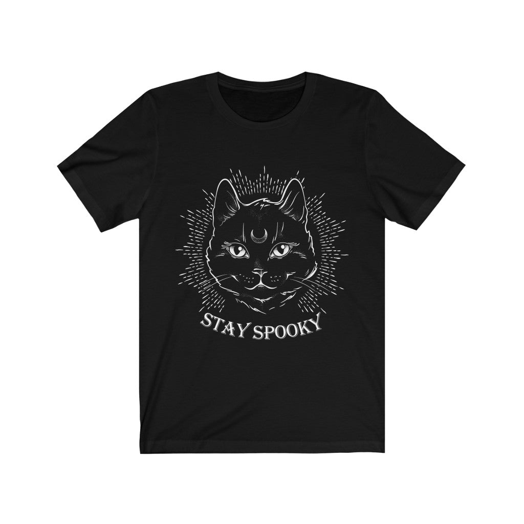 "Stay Spooky" Midnight Familiar Black Cat T-Shirt - Fractalista Designs