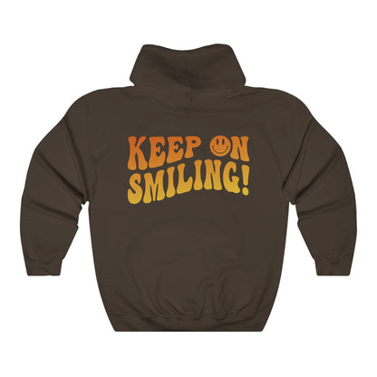Keep on Smiling On Smiley Face Hoodie, Oversized hoodie, Retro y2k style hooded sweatshirt positive words on back gift for vsco girl
