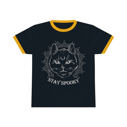 "Stay Spooky" Midnight Familiar Black Cat Unisex Ringer Tee - Fractalista Designs