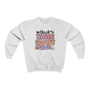 Thick Thighs and Spooky Vibes Retro Pastel Halloween Crewneck Sweatshirt, oversized spooky season sweatshirt