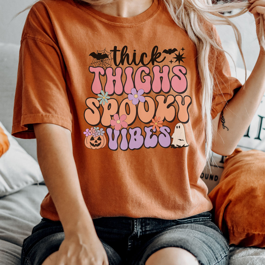 Thick Thighs and Spooky Vibes Retro Pastel Halloween Shirt