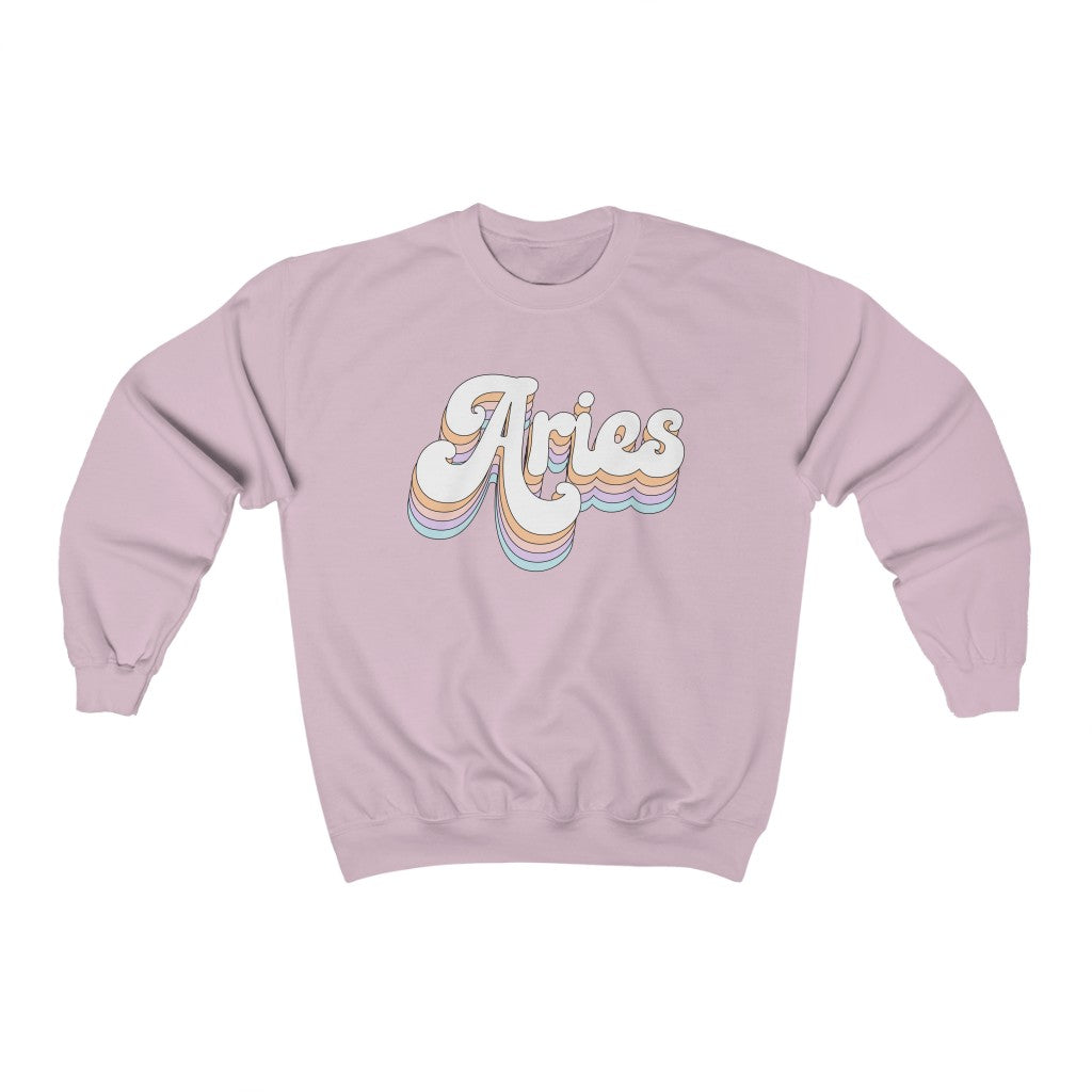 Aries Crewneck Sweatshirt Retro Rainbow Pastel - Fractalista Designs