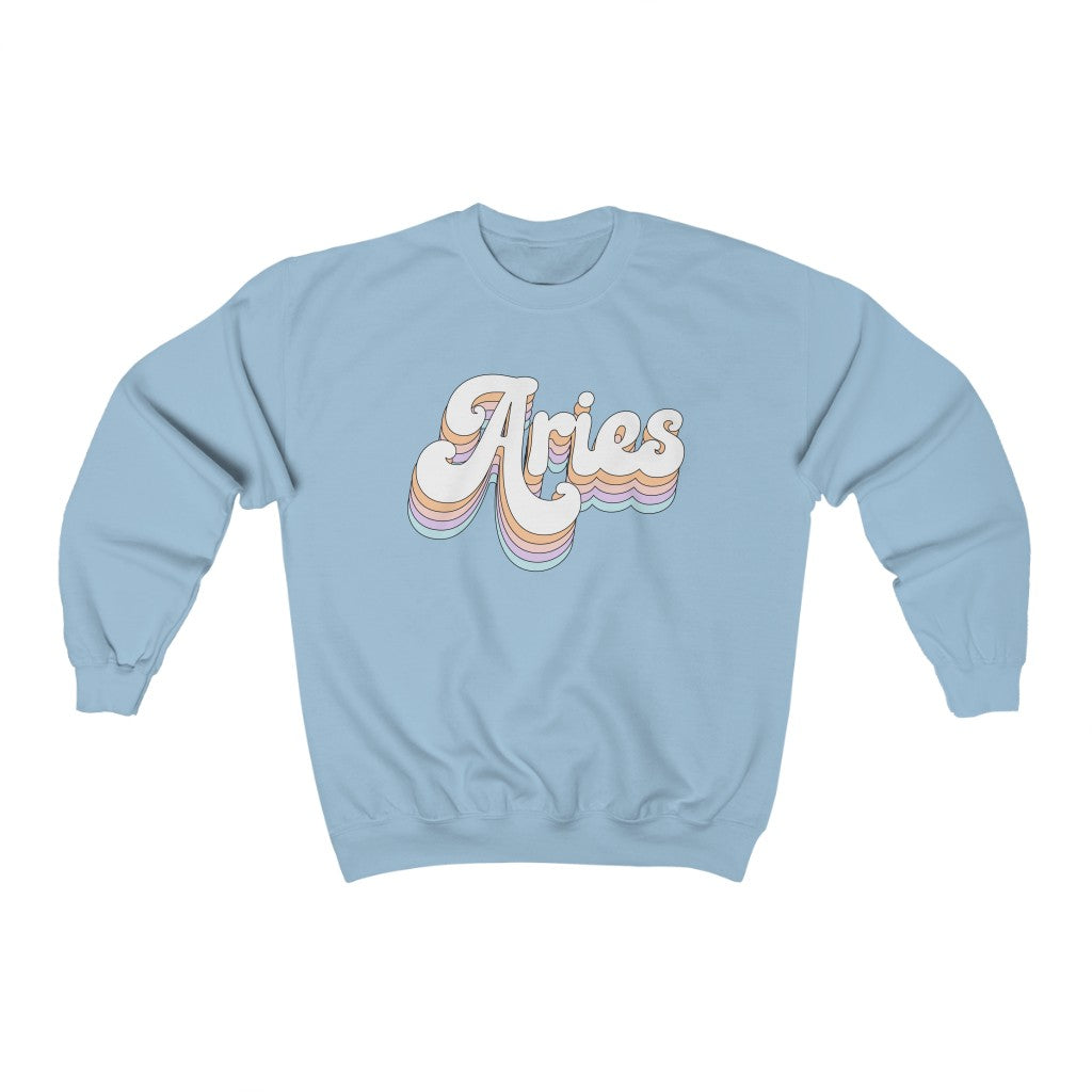 Aries Crewneck Sweatshirt Retro Rainbow Pastel - Fractalista Designs
