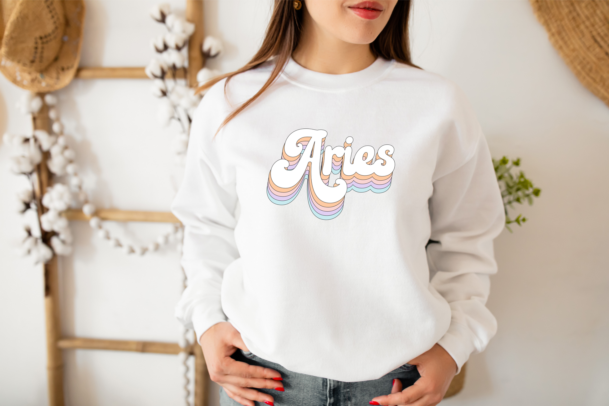 Aries Crewneck Sweatshirt Retro Rainbow Pastel - Fractalista Designs