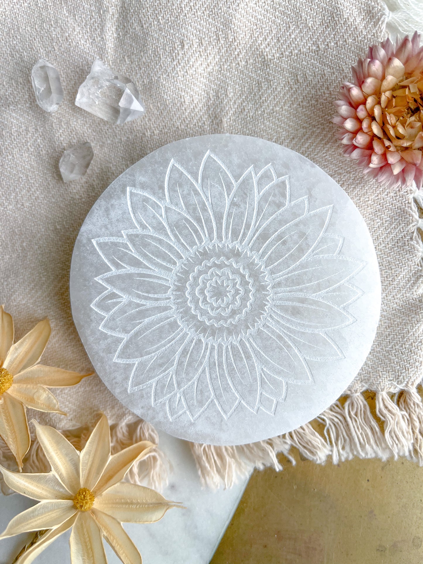 "Bloom" WHITE Selenite Crystal Disk Spring Floral Easter Home Decor - Fractalista Designs