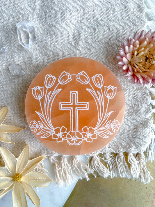"Cross" PEACH Selenite Crystal Disk Spring Easter Home Decor - Fractalista Designs