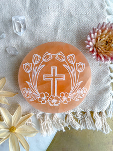 "Cross" PEACH Selenite Crystal Disk Spring Easter Home Decor