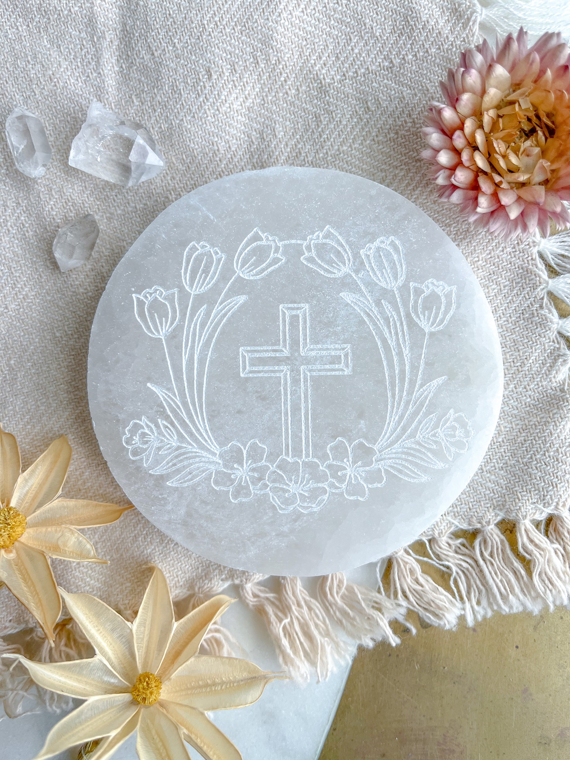 "Cross" WHITE Selenite Crystal Disk Spring Floral Easter Home Decor - Fractalista Designs