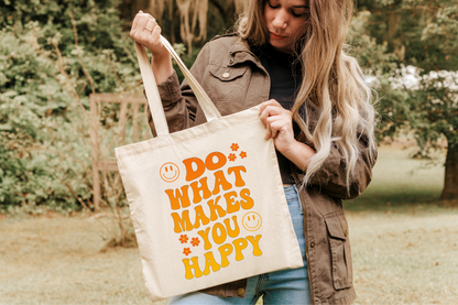 Do What Makes You Happy Retro Wavy Text Smiley Face Canvas Tote Bag - Fractalista Designs