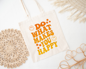 Do What Makes You Happy Retro Wavy Text Smiley Face Canvas Tote Bag