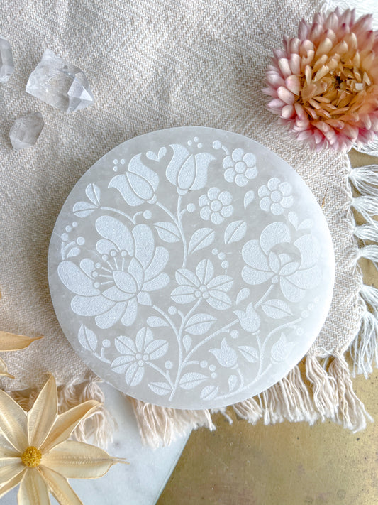 "Spring Flowers" Easter Spring White Selenite Crystal Charging Plate Home Decor Gift - Fractalista Designs