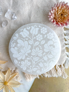 "Spring Flowers" Easter Spring White Selenite Crystal Charging Plate Home Decor Gift