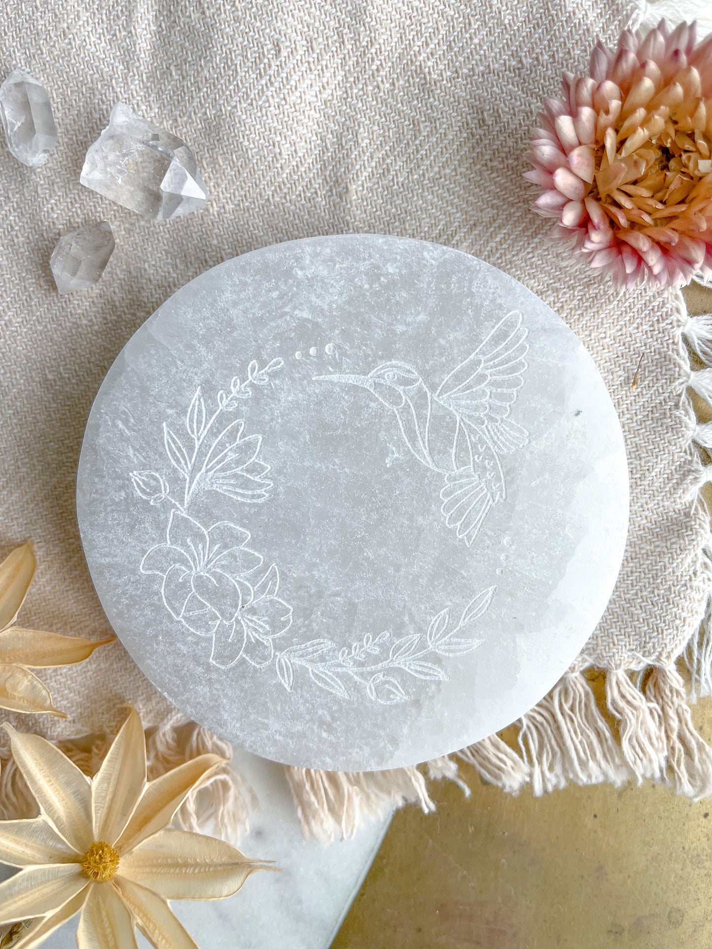 "Hummingbird" Easter Spring White Selenite Crystal Charging Plate Home Decor Gift - Fractalista Designs
