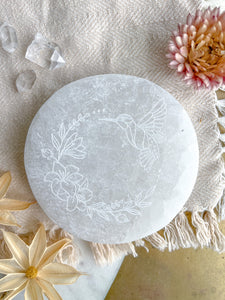 "Hummingbird" Easter Spring  White Selenite Crystal Charging Plate Home Decor Gift