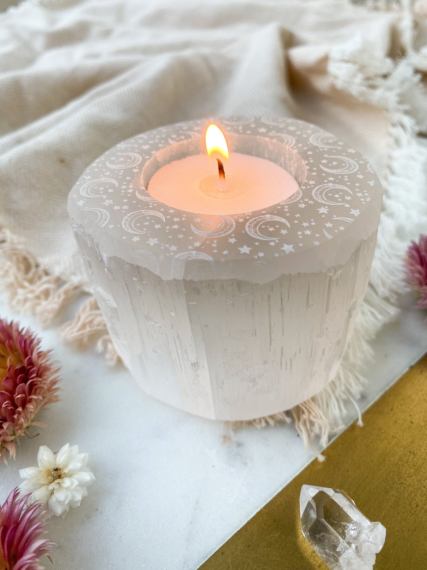 “Celestial Bodies” Round Selenite Candle Holder