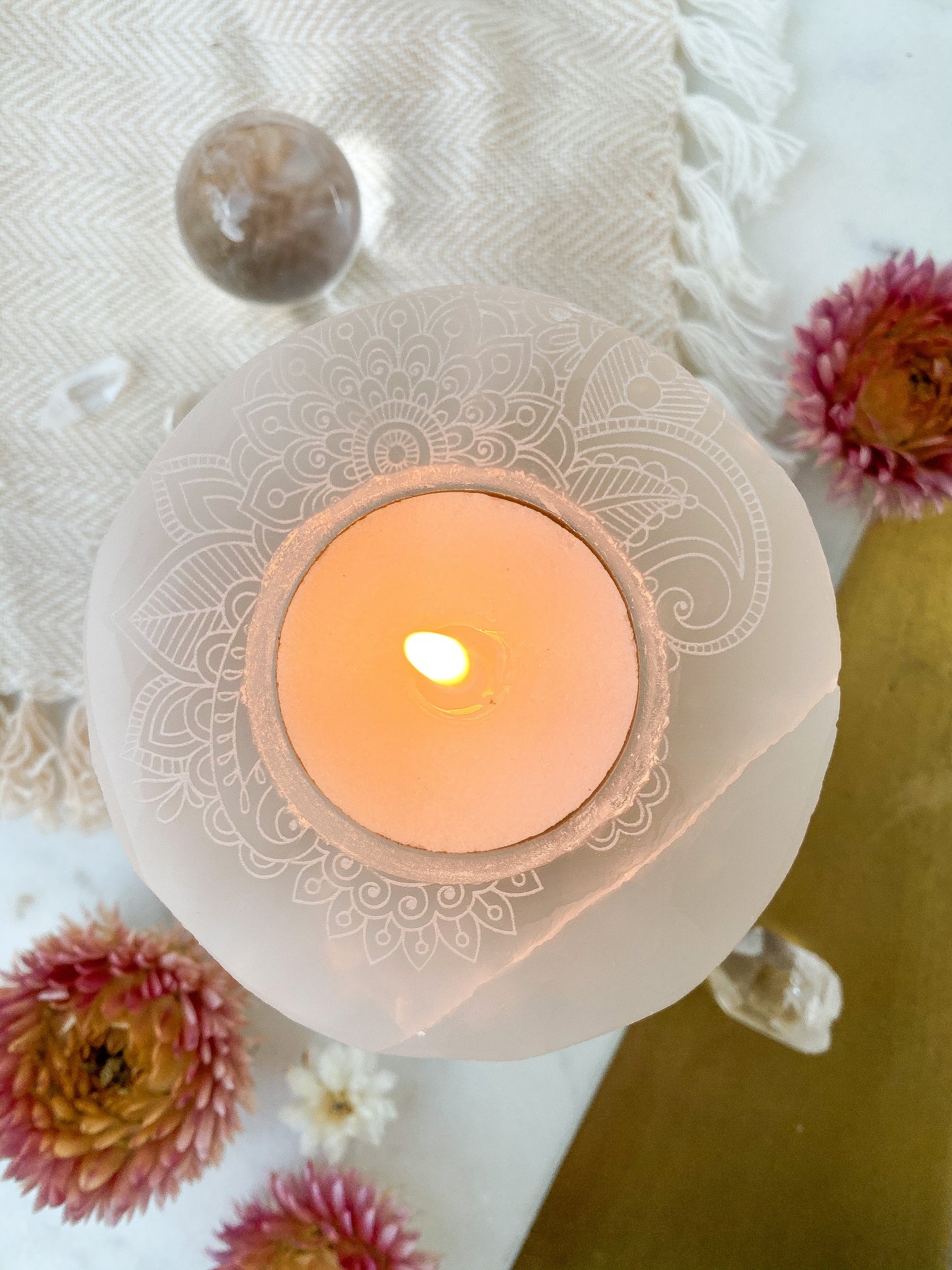 “Henna Prayer” Round White Selenite Candle Holder