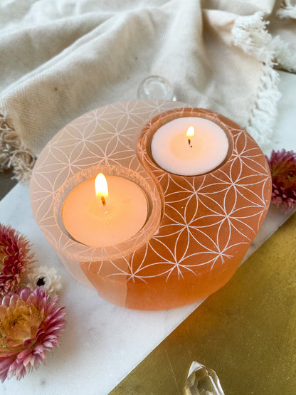 Large White and Peach Selenite Yin Yang Candle Holder in Henna Prayer or Flower of Life