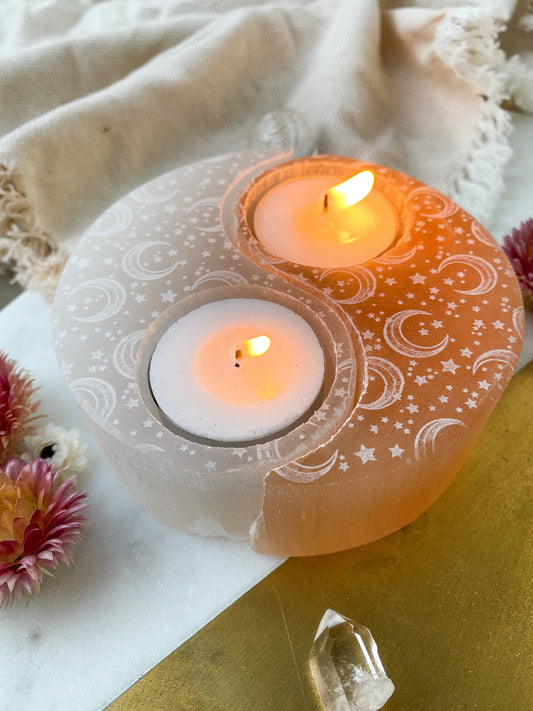 Large White and Peach Selenite Yin Yang Candle Holder engraved with “Celestial Bodies” moon and stars pattern