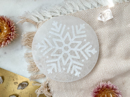 "Winter Wonderland" Snowflake Selenite Cleansing Disc, Charging Plate and Crystal Grid - Fractalista Designs