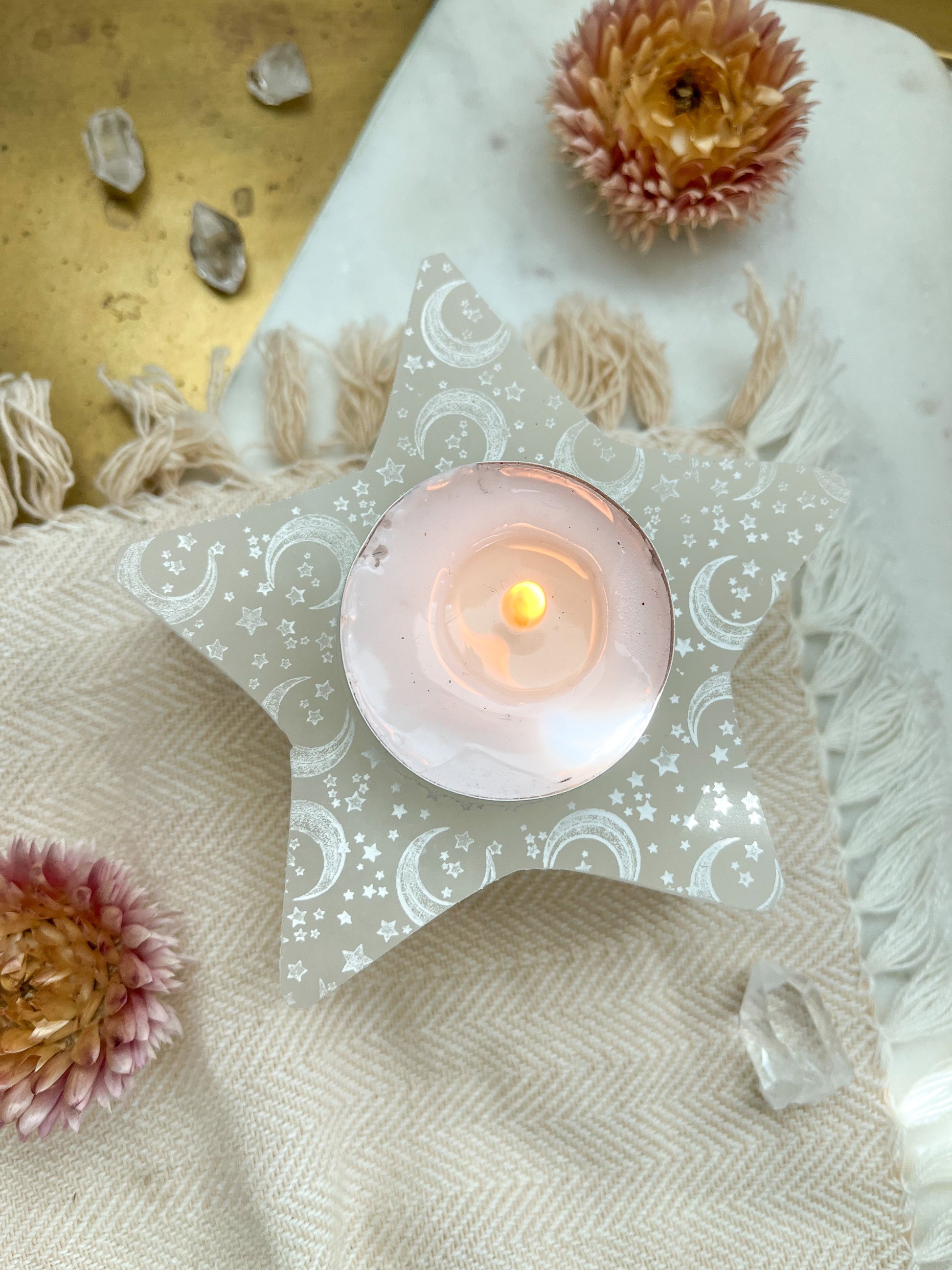 "Celestial Bodies" Star-Shaped Selenite Tea Light Candle Holder - Fractalista Designs