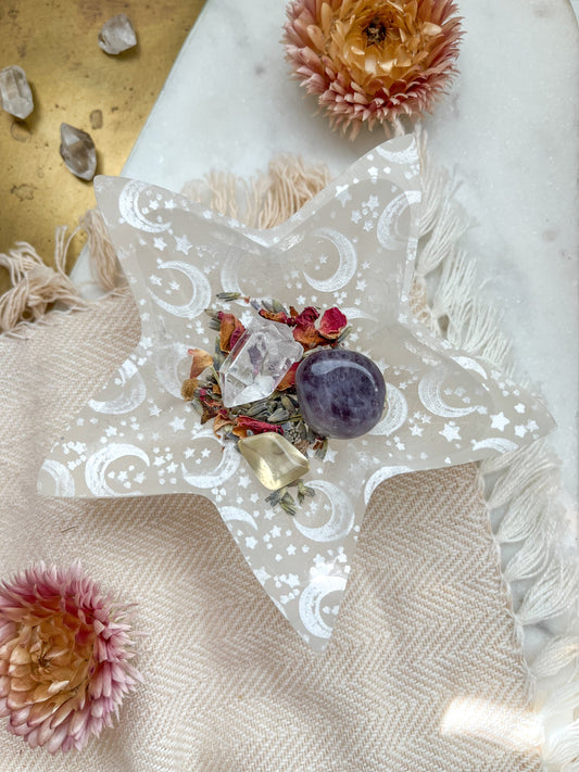 "Celestial Bodies" Star-Shaped Selenite Offering Bowl Jewelry Trinket Dish - Fractalista Designs