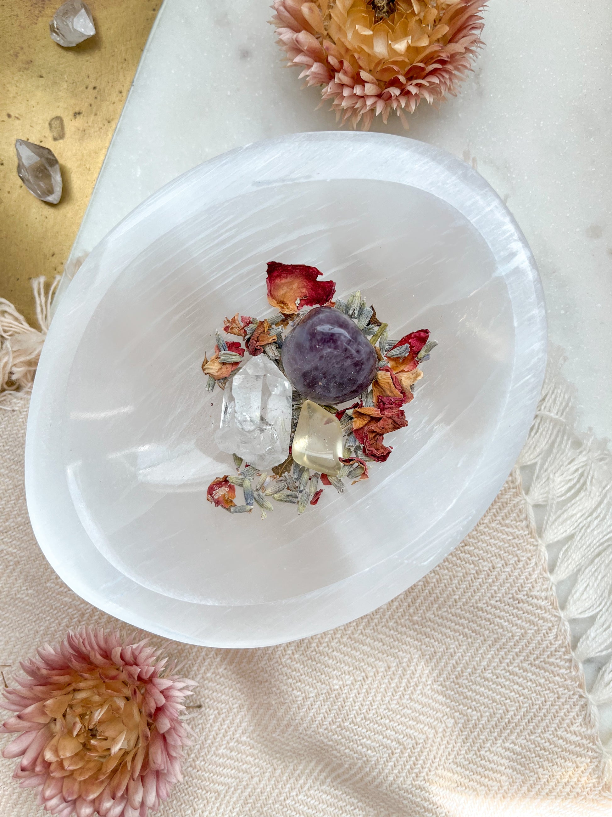 "Celestial Bodies" Oval Selenite Satin Spar Offering Bowl Trinket Dish - Fractalista Designs