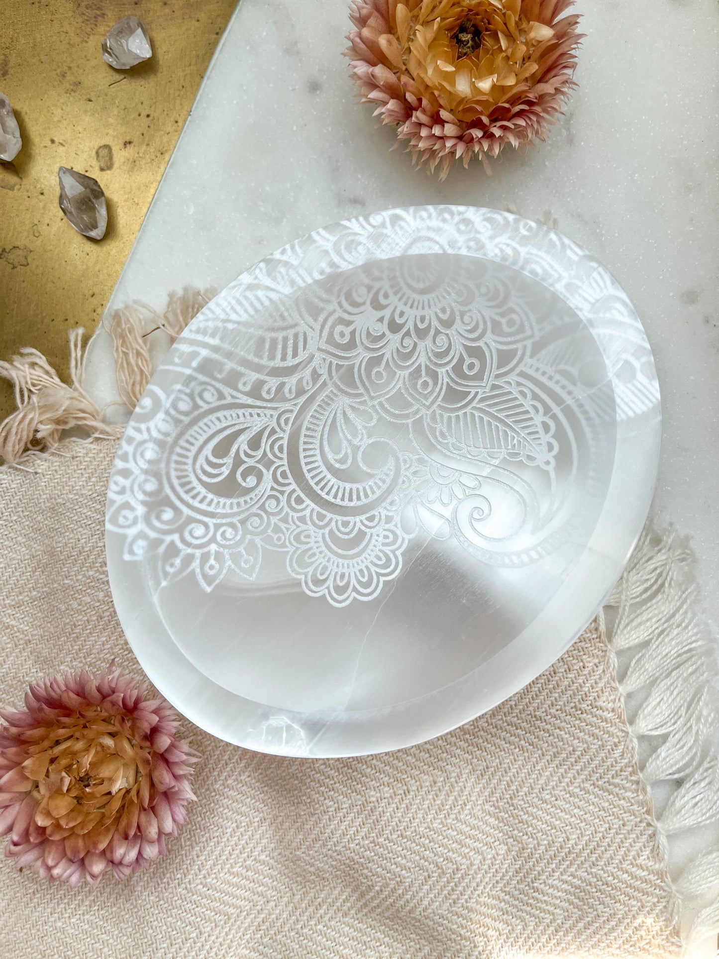 "Celestial Bodies" Oval Selenite Satin Spar Offering Bowl Trinket Dish - Fractalista Designs