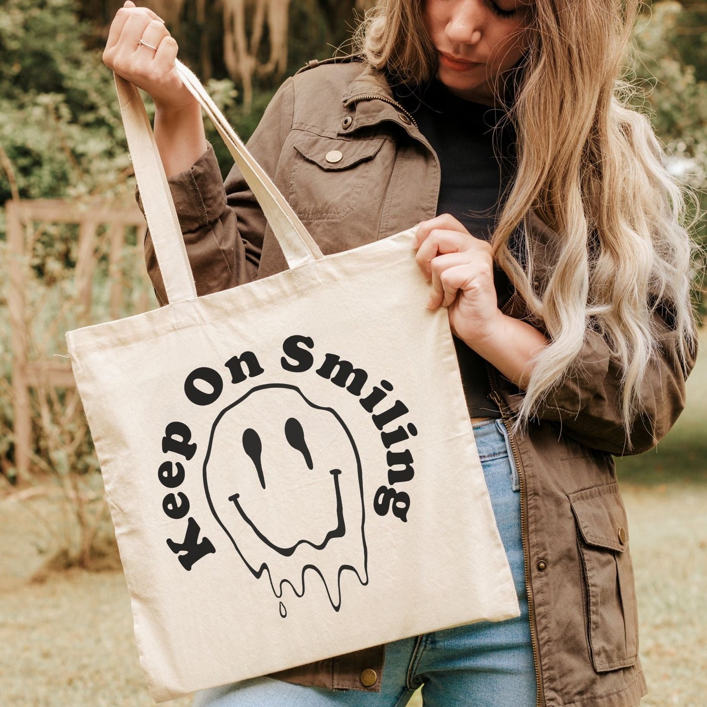 Melting Smiley Face Tote Bag, Keep on Smiling, Retro '90's Y2K Smiley Face Everyday Tote Bag, Trippy Dripping Happy Face Reusable shopping