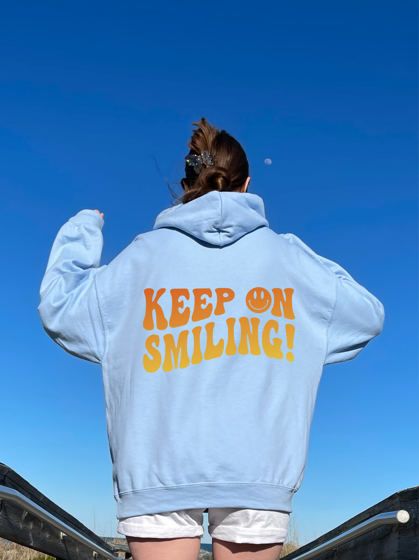 Keep on Smiling On Smiley Face Hoodie, Oversized hoodie, Retro y2k style hooded sweatshirt positive words on back gift for vsco girl