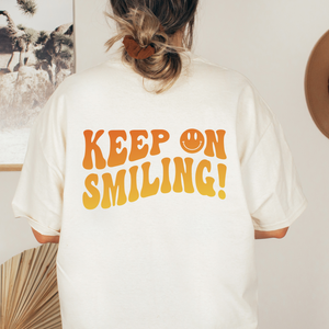 Keep On Smiling On Oversized Tee shirt, Retro Smiley Face Tee, Positive Words on Back, Vsco Girl Clothes Tshirt, Vintage Happy Face tee