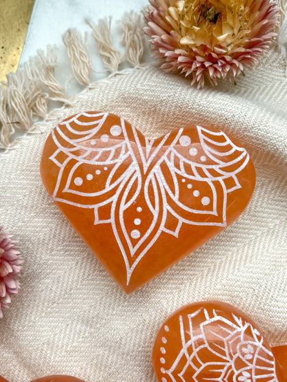 Engraved Peach Selenite Heart Shaped Crystal Mother's Day Gift Home Decor - Fractalista Designs
