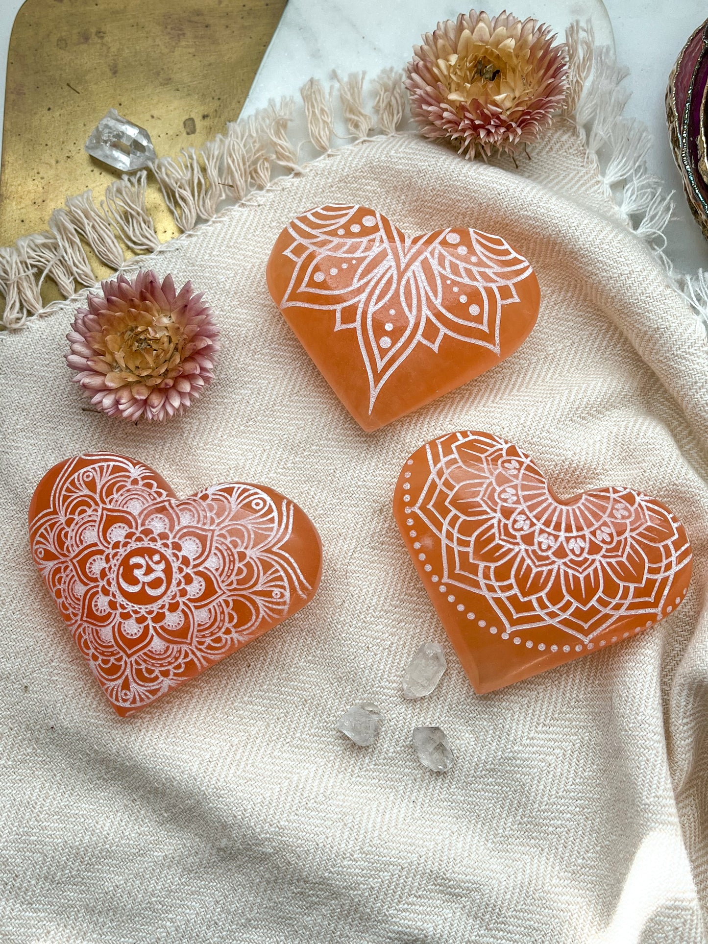 Engraved Peach Selenite Heart Shaped Crystal Mother's Day Gift Home Decor - Fractalista Designs