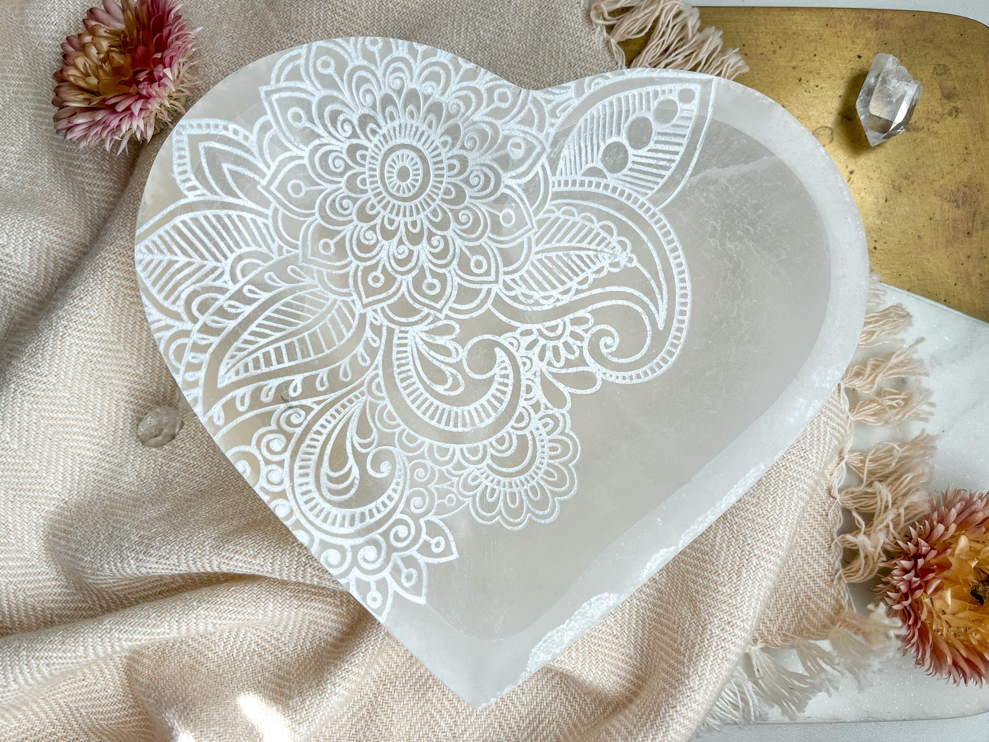 "Henna Prayer" Heart-Shaped Selenite Offering Bowl Jewelry Trinket Dish Mother's Day Gift - Fractalista Designs