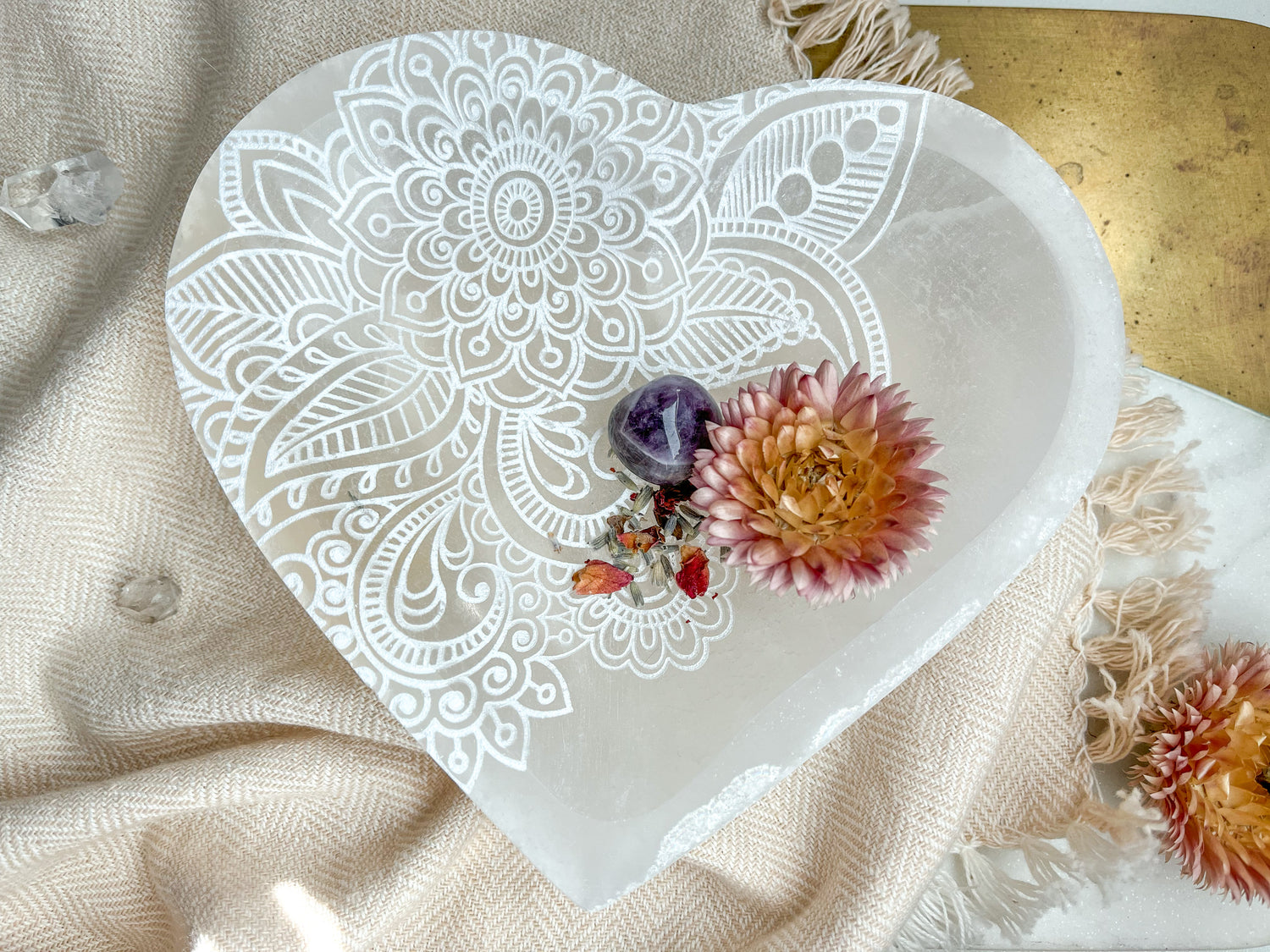 "Henna Prayer" Heart-Shaped Selenite Offering Bowl Jewelry Trinket Dish Mother's Day Gift - Fractalista Designs