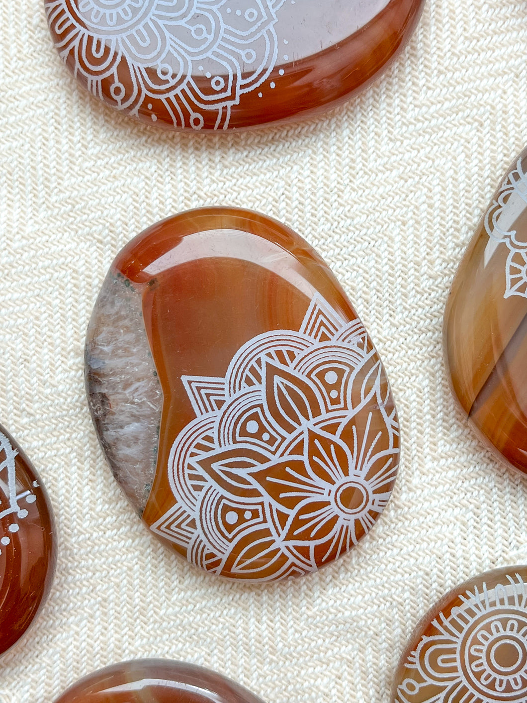 Carnelian Agate Pocket Stone Etched with Flower of Life or Various Mandalas