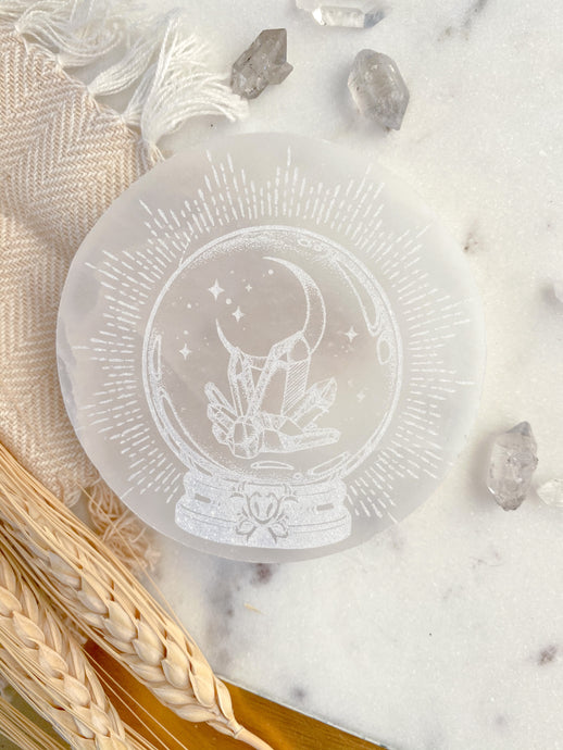 “Crystal Clairvoyance” Selenite Cleansing Disc, Charging Plate and Crystal Grid