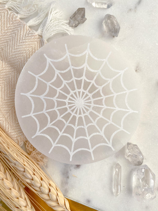“Cobweb” Spider Web Mandala Selenite Cleansing Disc, Charging Plate and Crystal Grid
